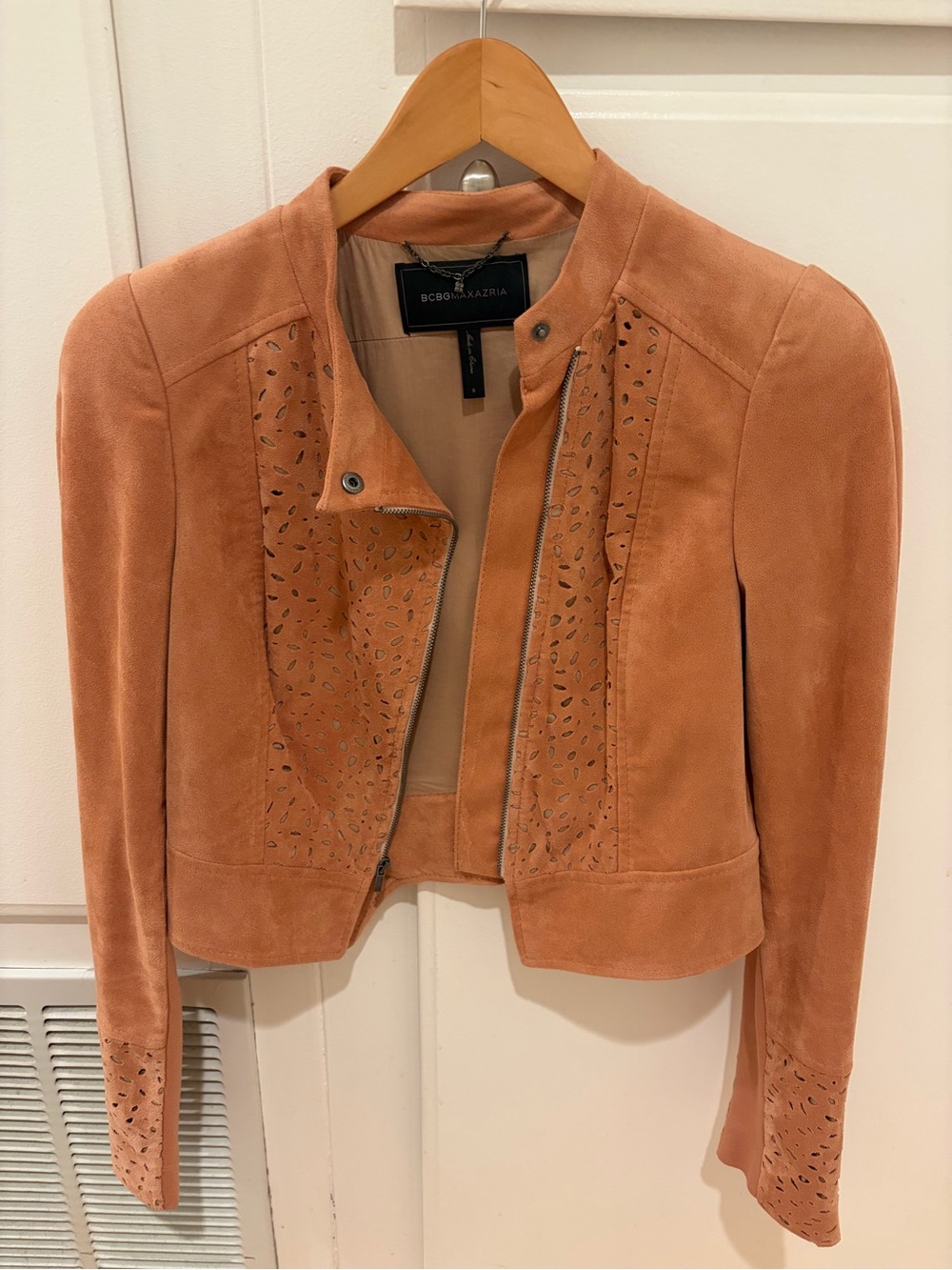 BCBGMaxAzria Dusty Rose Suede Laser-Cut Moto Jacket